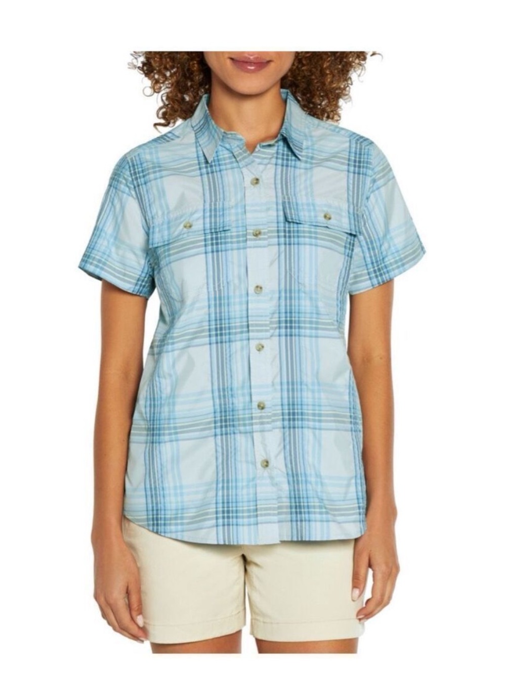 NEW Eddie Bauer Adventure Shirt Women’s Short Sleeve Blue White Plaid NWT-